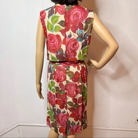 Vintage Floral Belted Sleeveless Shift Dress All Over Print Handmade Size Small - Picture 6 of 10